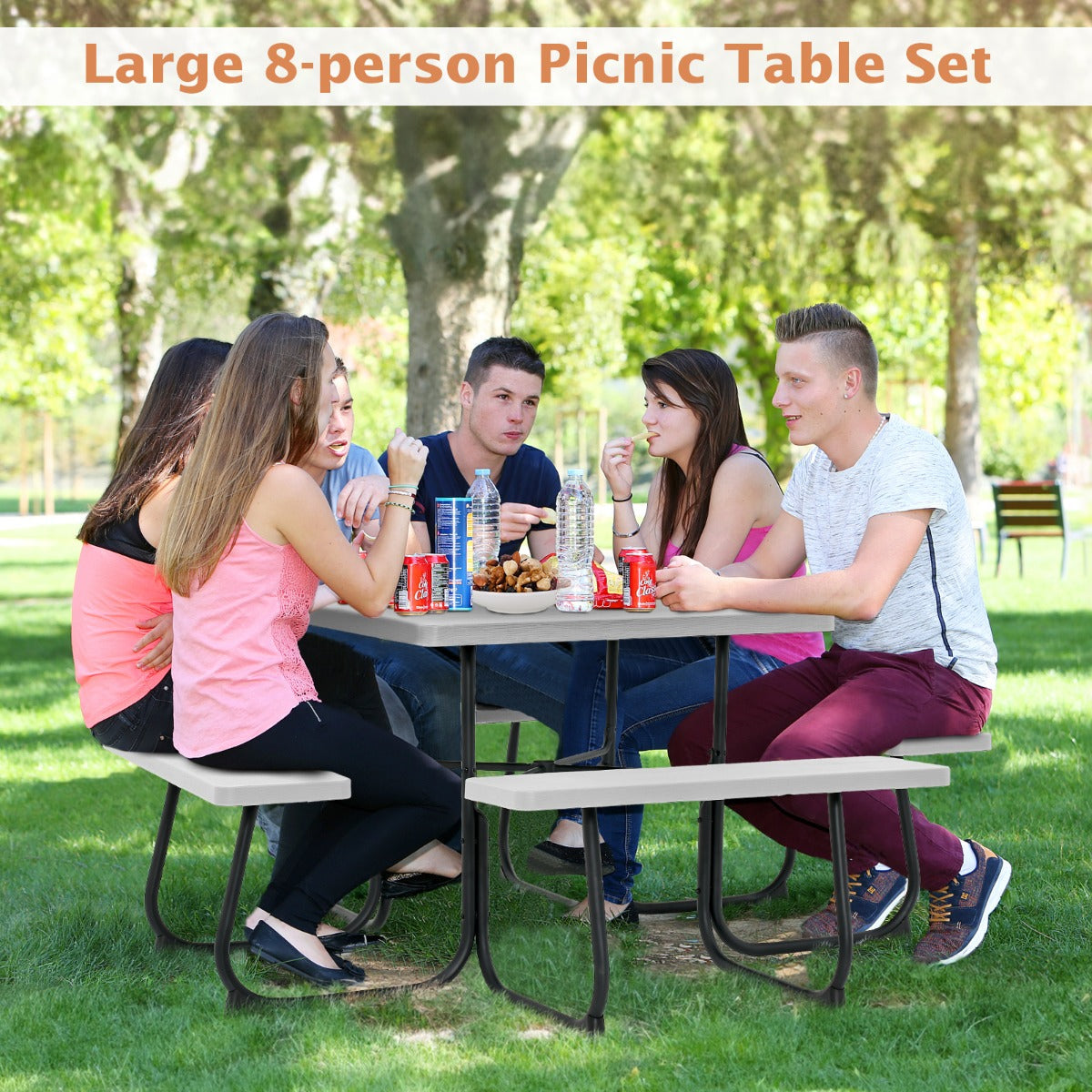 Four-bench outdoor dining table ships in two boxes that may arrive separately