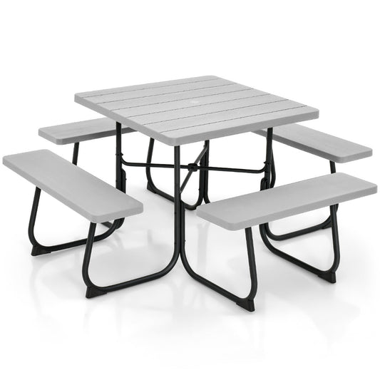 Compact 90cm round picnic table set provides comfortable seating for two to eight people