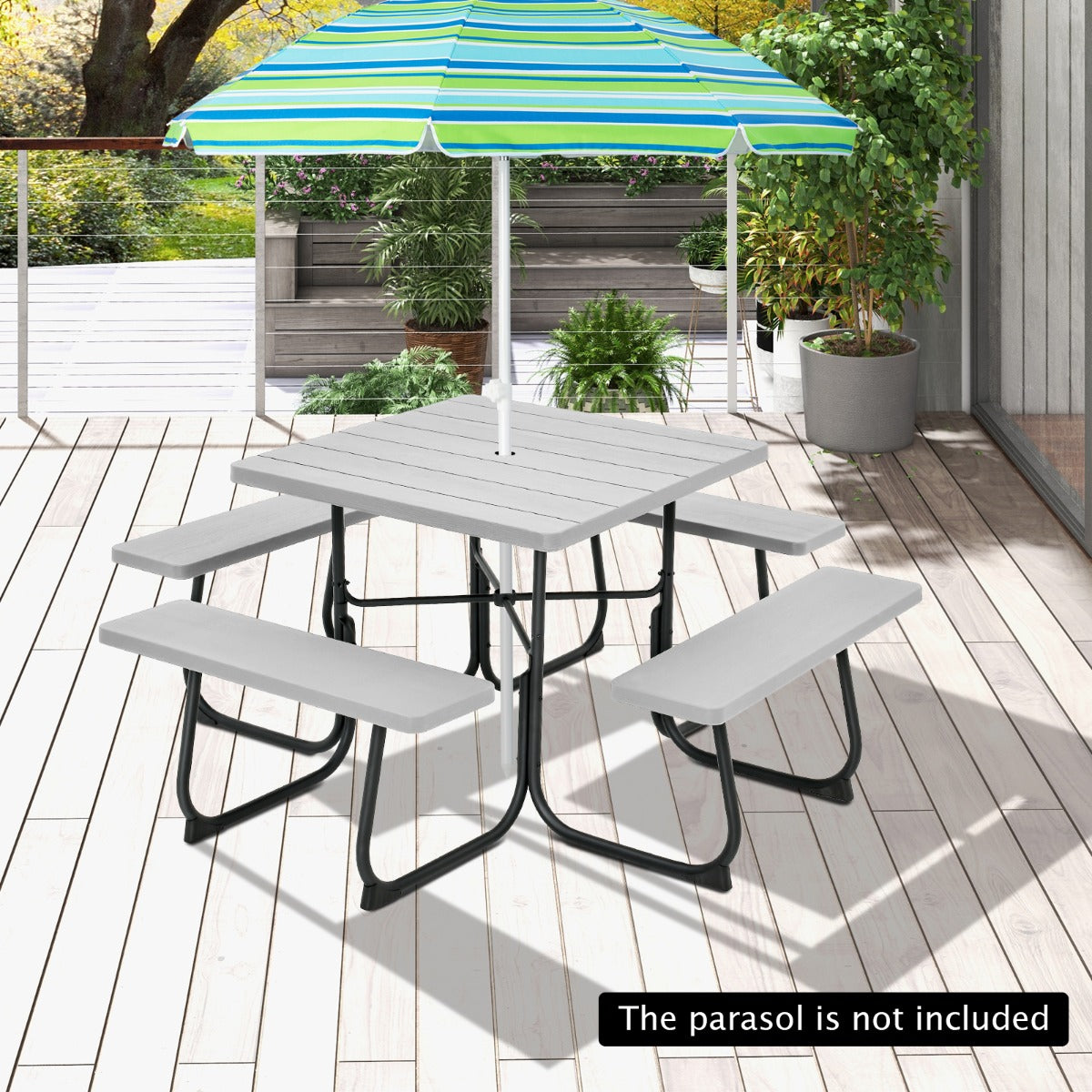 Wood-like picnic table surface combines attractive styling with easy cleaning and weather resistance