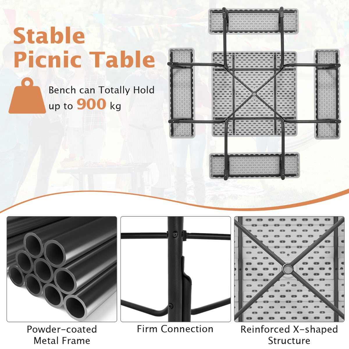 Round picnic table includes a 4.8cm umbrella hole for creating a shaded outdoor dining space
