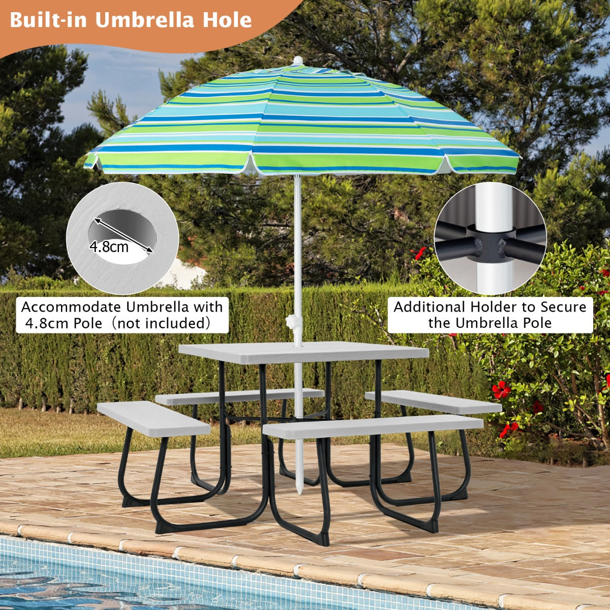 Versatile picnic table set works well in gardens, lawns, backyards, restaurants and poolside areas