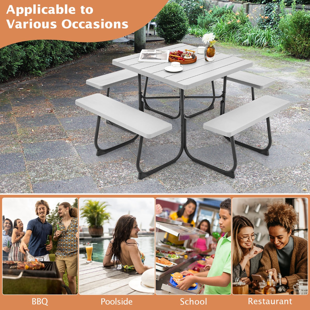 Outdoor picnic bench set features a rust-resistant powder-coated metal frame and reinforced X-legs