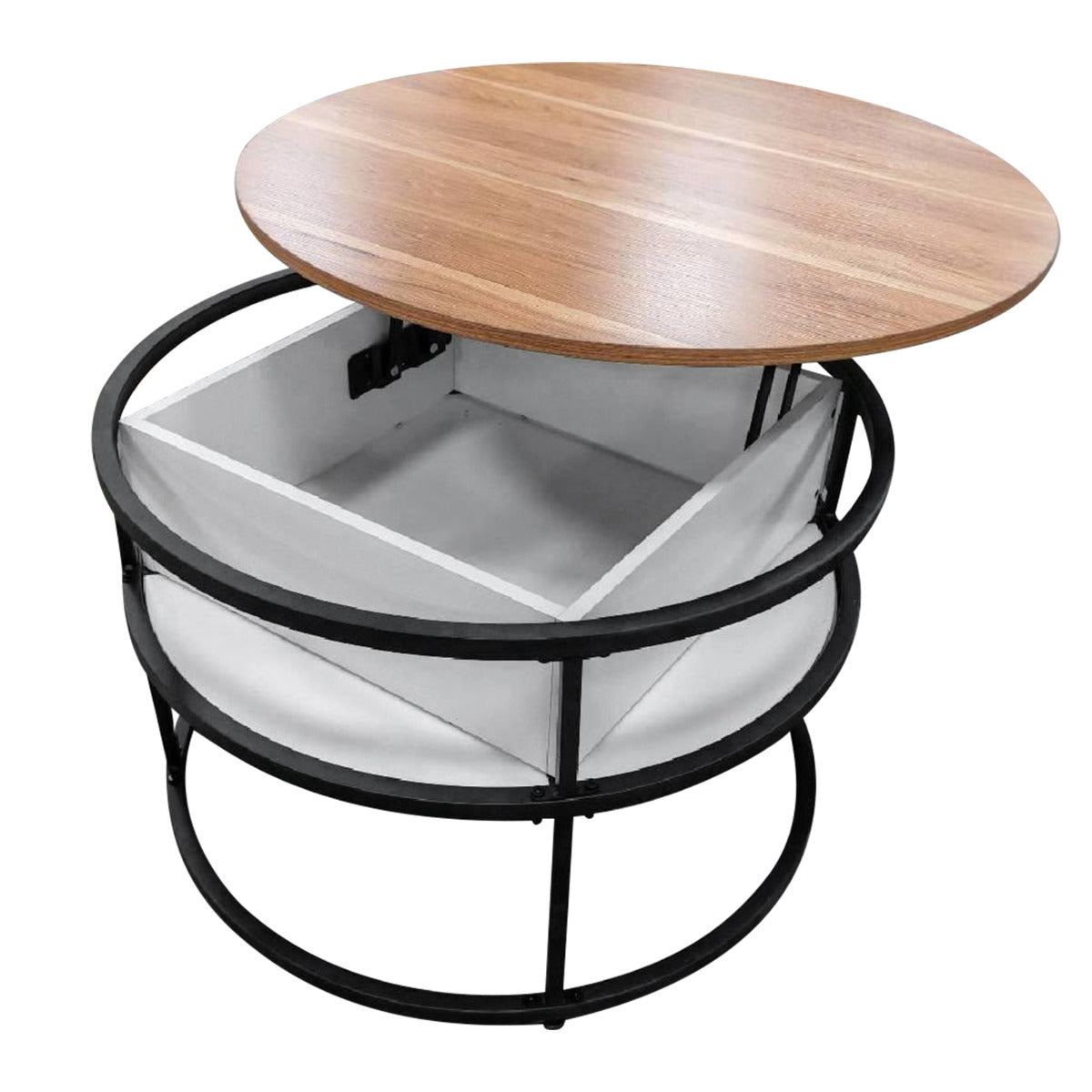 80cm Round Center Table with Hidden Compartment and Side Shelves-Teak