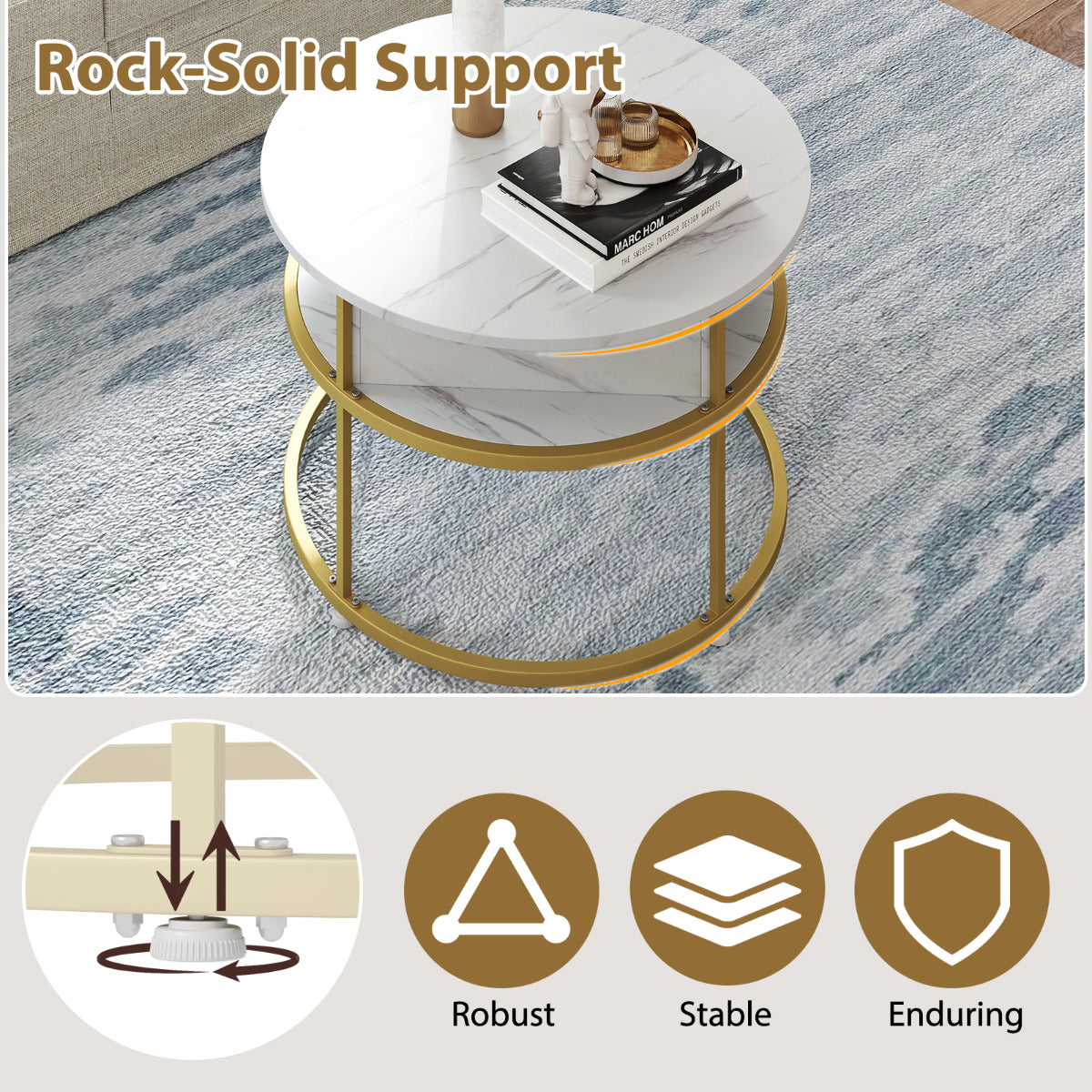 80cm Round Center Table with Hidden Compartment and Side Shelves-White