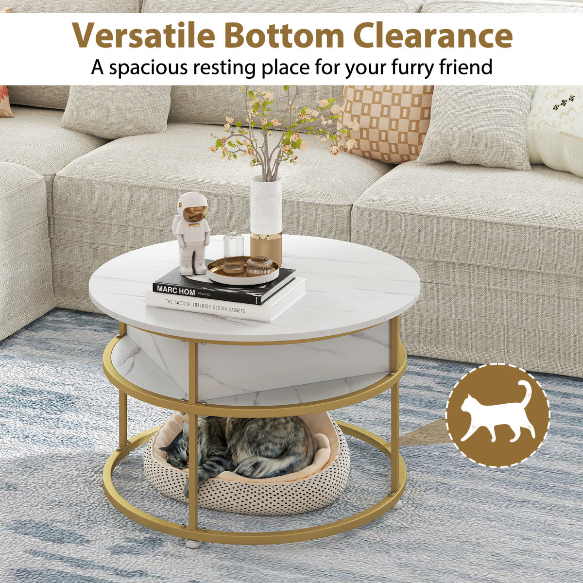 80cm Round Center Table with Hidden Compartment and Side Shelves-White