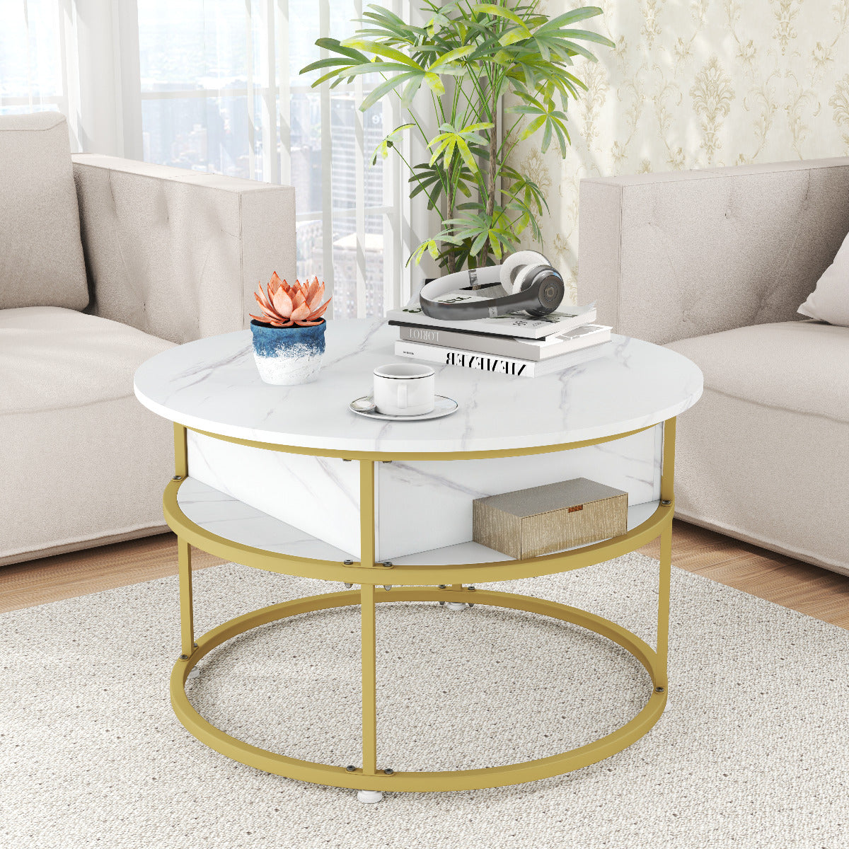 80cm Round Center Table with Hidden Compartment and Side Shelves-White
