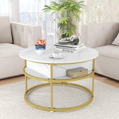 80cm Round Center Table with Hidden Compartment and Side Shelves-White