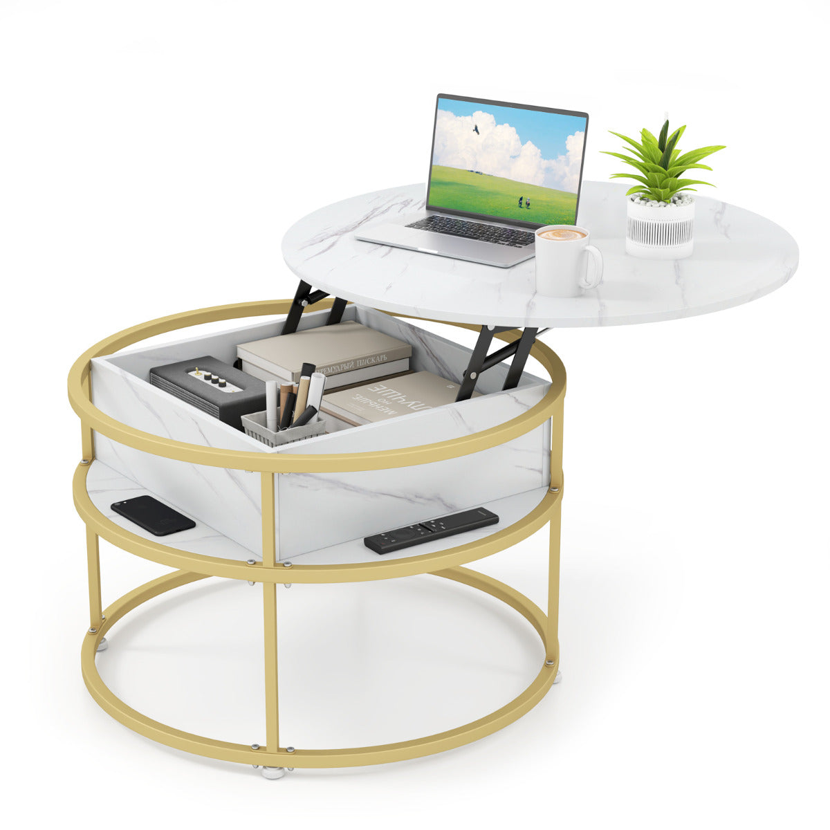 80cm Round Center Table with Hidden Compartment and Side Shelves-White