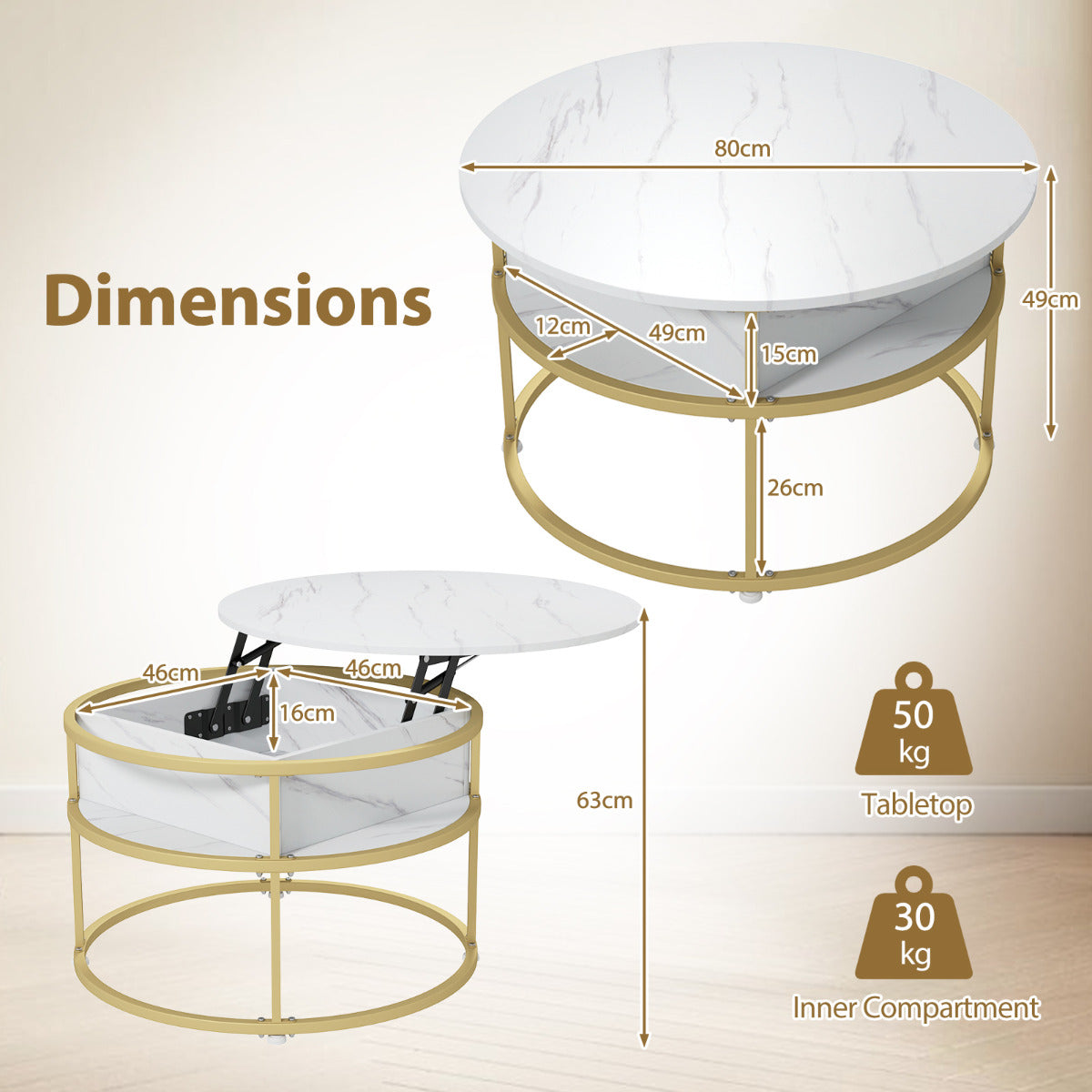 80cm Round Center Table with Hidden Compartment and Side Shelves-White