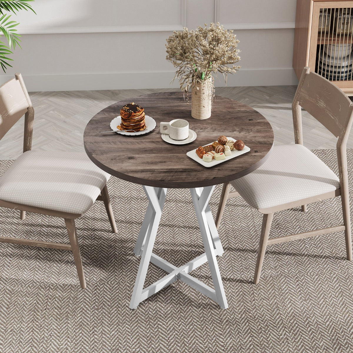 80cm Round Dining Table Wooden Kitchen Table with Metal Pedestal Base-Natural