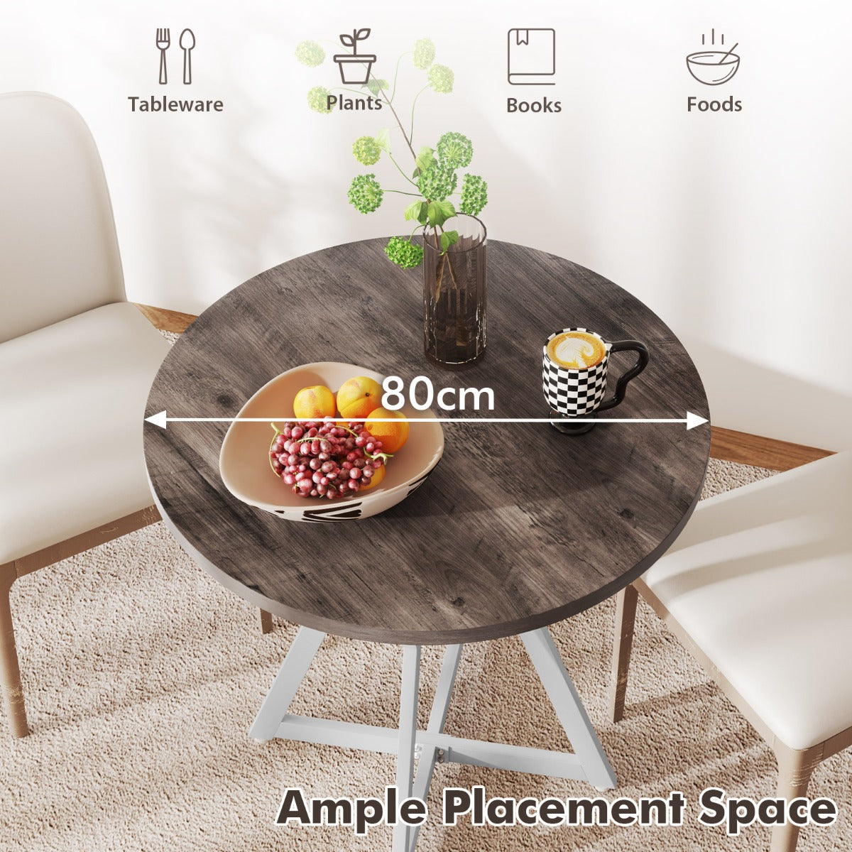 80cm Round Dining Table Wooden Kitchen Table with Metal Pedestal Base-Natural