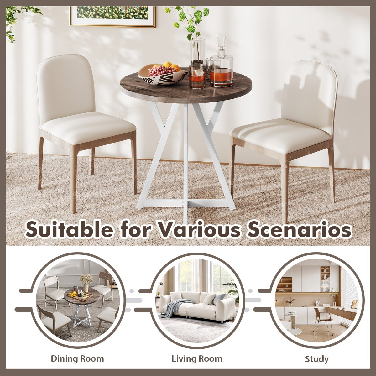 80cm Round Dining Table Wooden Kitchen Table with Metal Pedestal Base-Natural