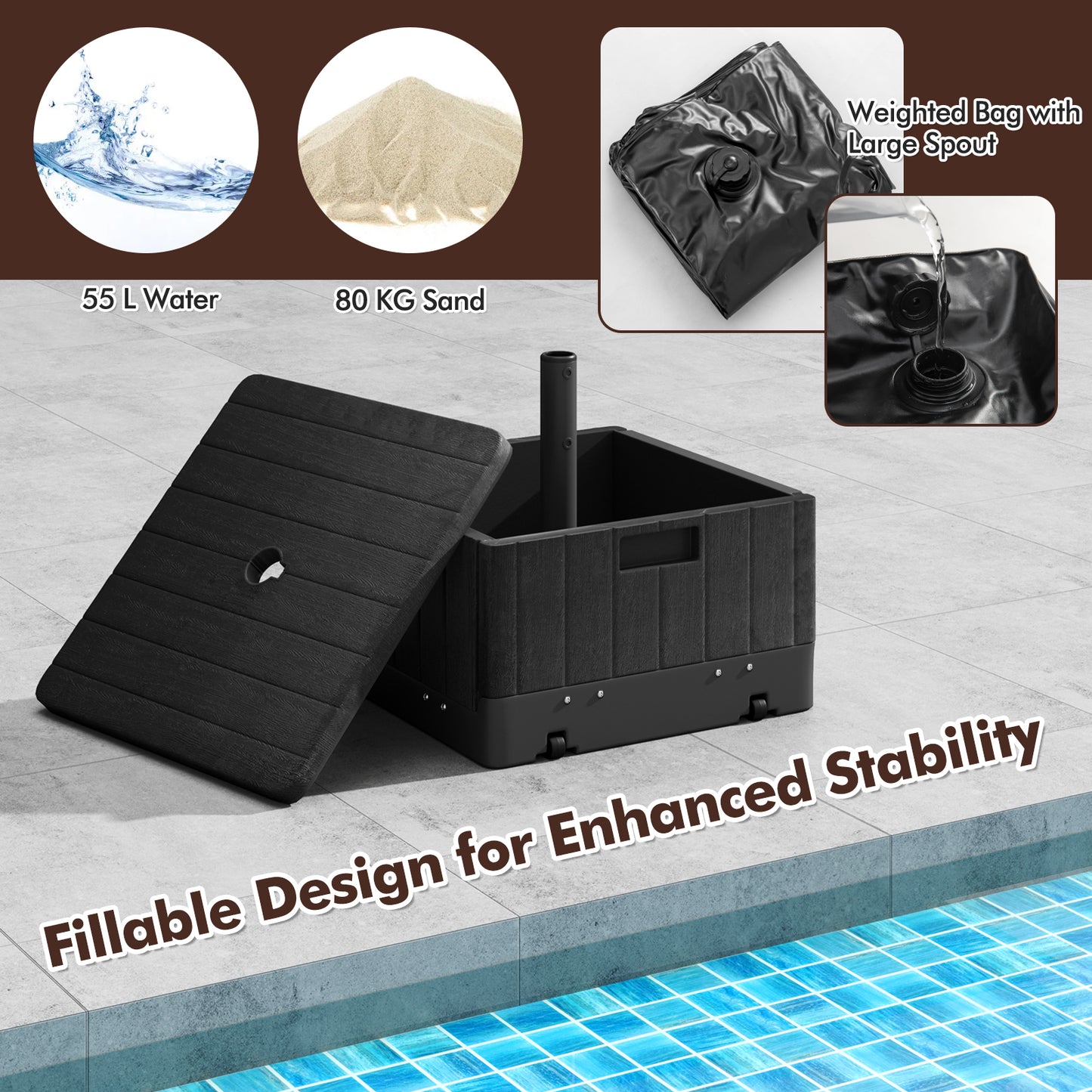 80kg Outdoor Fillable Umbrella Base with Tray and Weighted Bag-Black