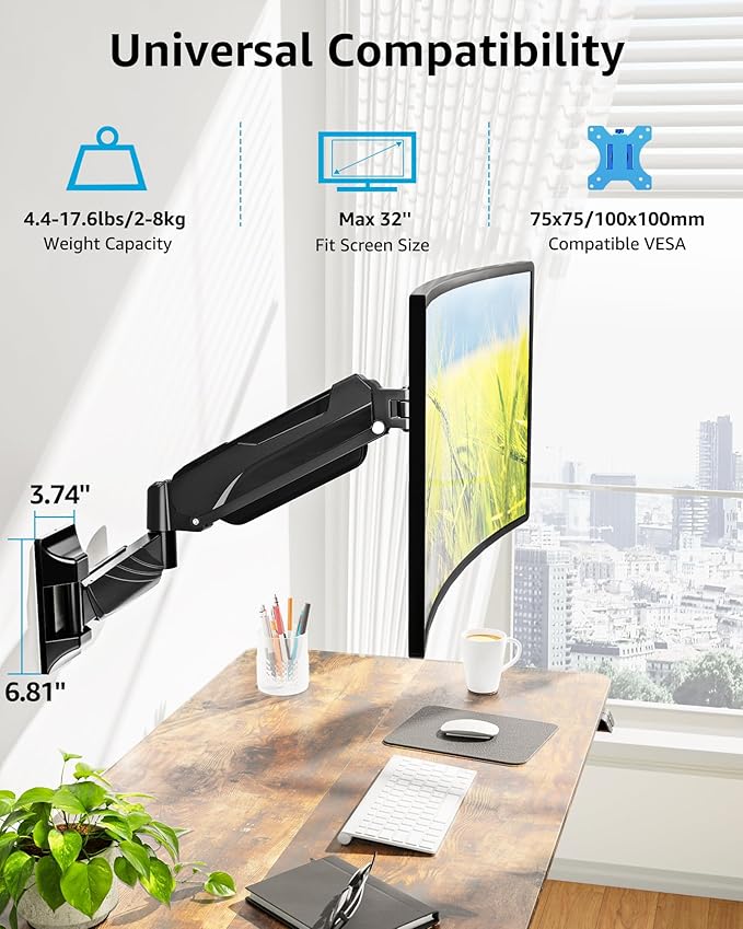 MOUNTUP Single Monitor Wall Mount for 17-32 Inch Computer Screen, Wall Mounted Monitor Holder Support 4.4-17.6lbs Display, Gas Spring Monitor Arm, VESA Bracket for VESA 75x75mm and 100x100mm, Black