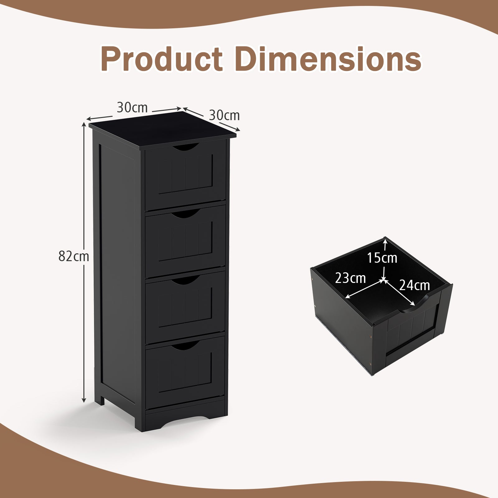 82 cm 4 Drawer Bathroom Floor Cabinet with Anti tipping Device-Black