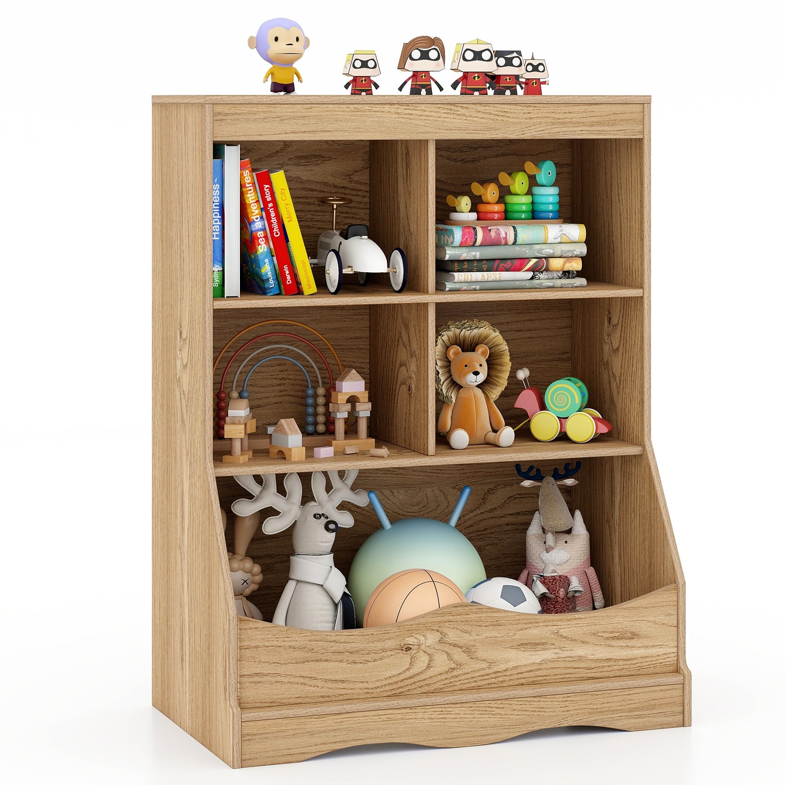 88 CM Kids Bookshelf with 5 Bins for Playroom and Living Room-Natural