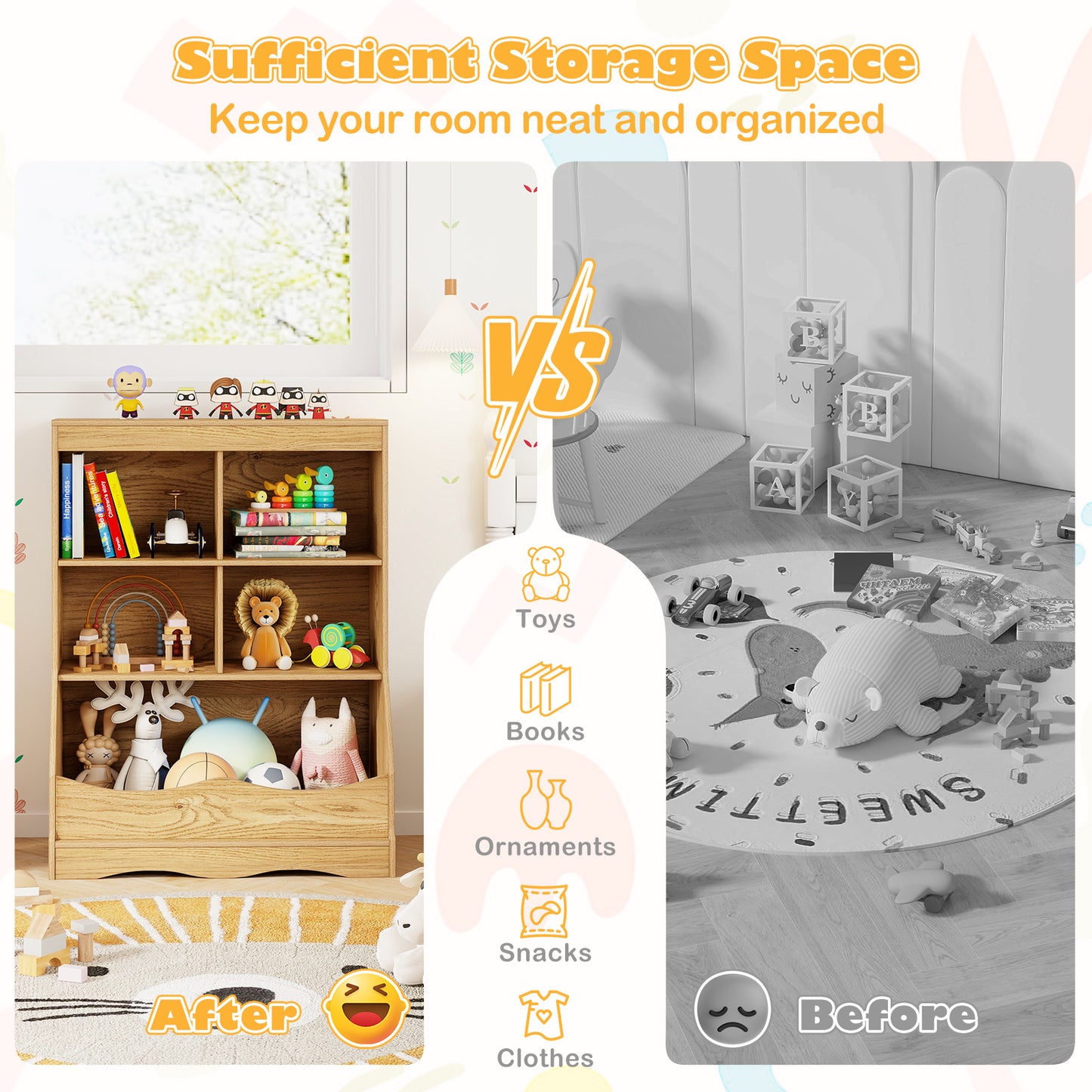 88 CM Kids Bookshelf with 5 Bins for Playroom and Living Room-Natural