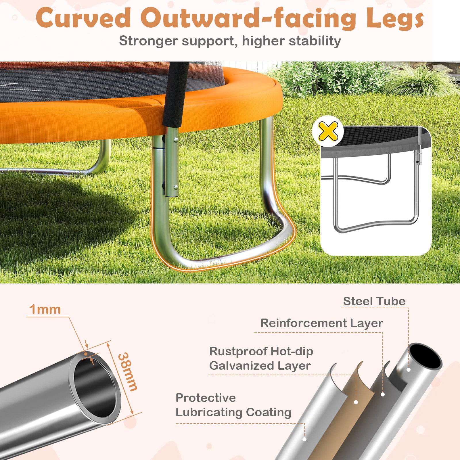 8FT Outdoor Trampoline Heavy-Duty Recreational Trampoline-Orange