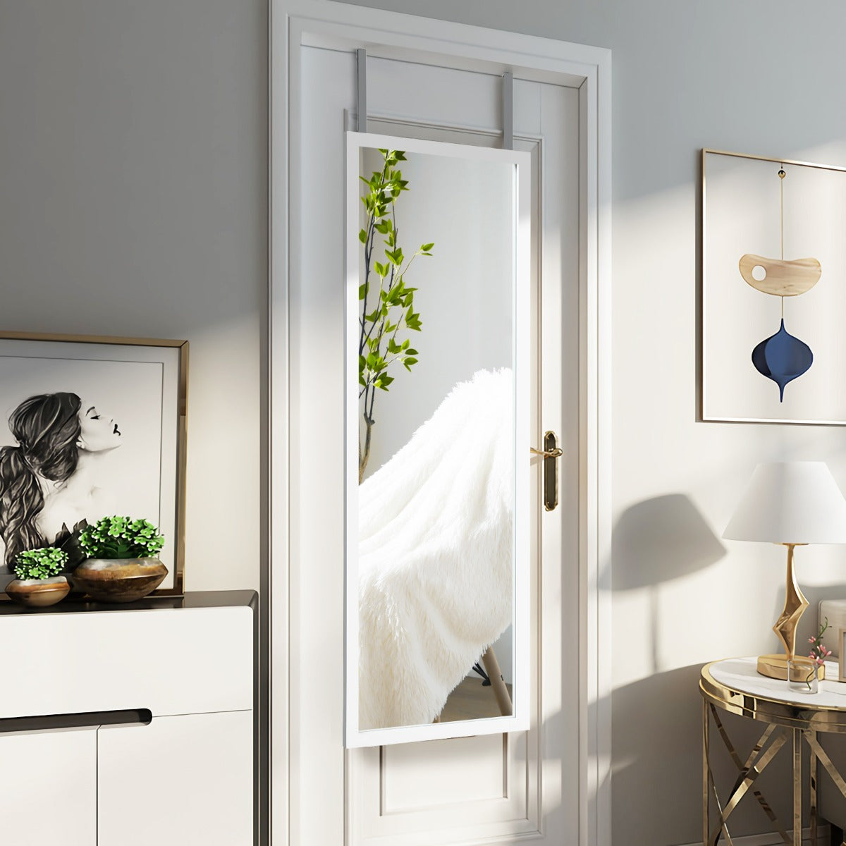 Costway Wall Mounted Dressing Mirror with Hanging Hooks for Bedroom White