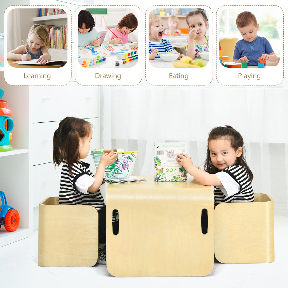 Kids Table and Chair Set with Storage Shelves-Natural