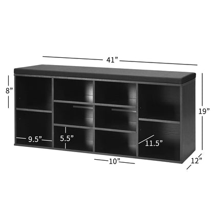 10-Cube Shoe Bench with Padded Cushions and Adjustable Shelves-Grey