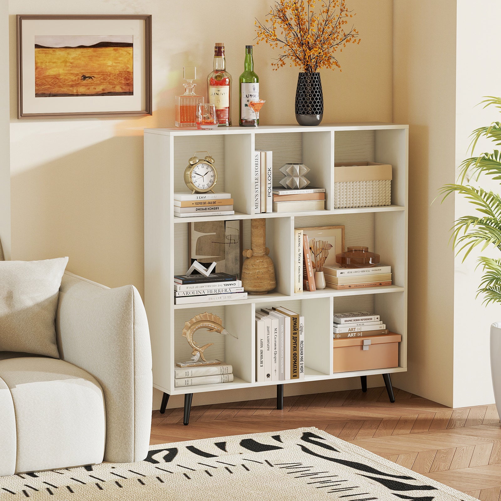 8-Cube Bookcase Mid Century Modern Storage Organizer with 5 Tapered Metal Legs-White
