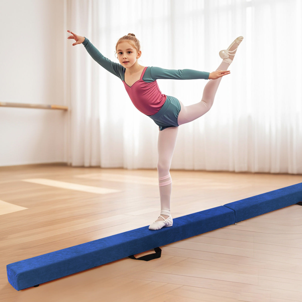 8 FT Folding Balance Beam with Solid Wood Base and Anti-slip Bottom-Blue