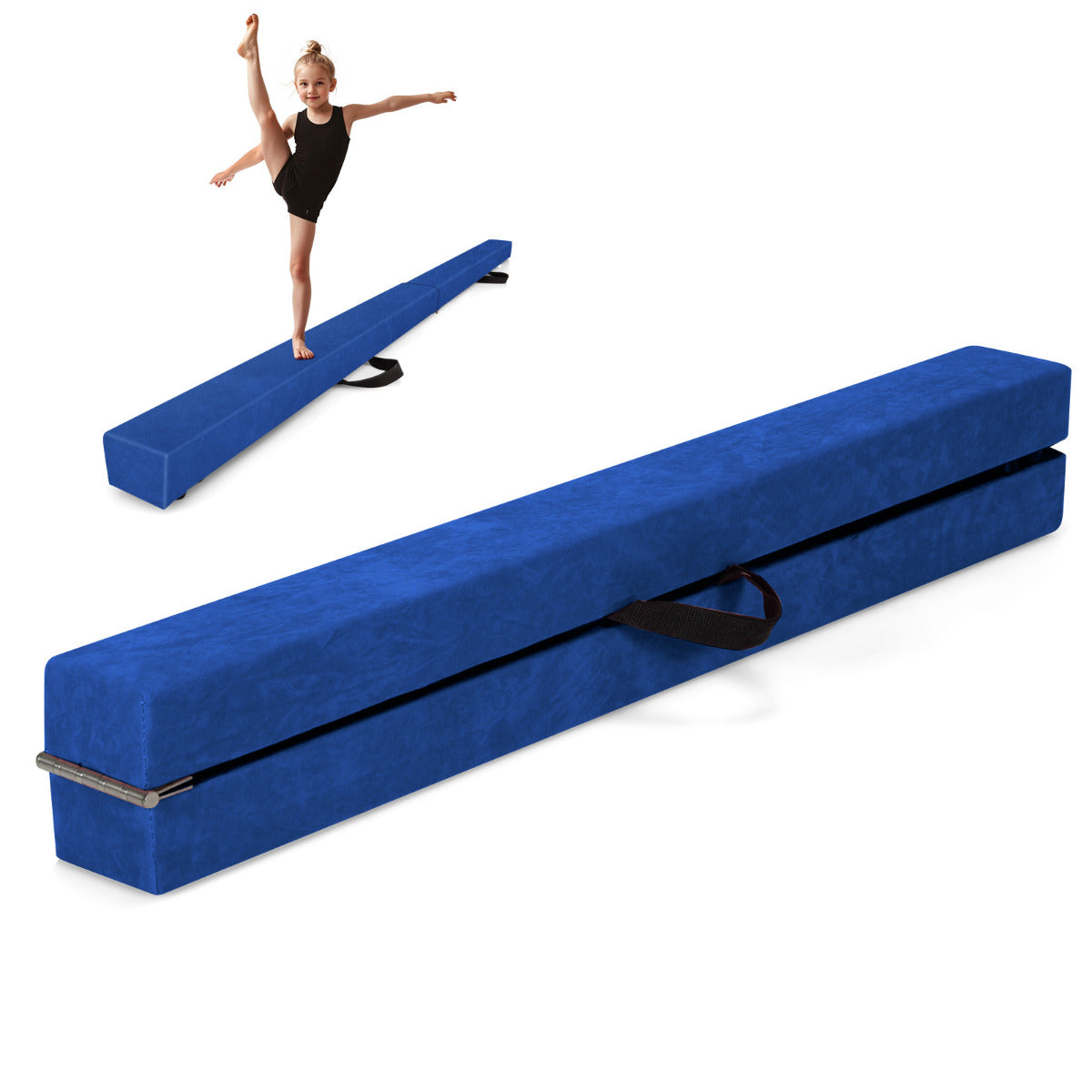 8 FT Folding Balance Beam with Solid Wood Base and Anti-slip Bottom-Blue