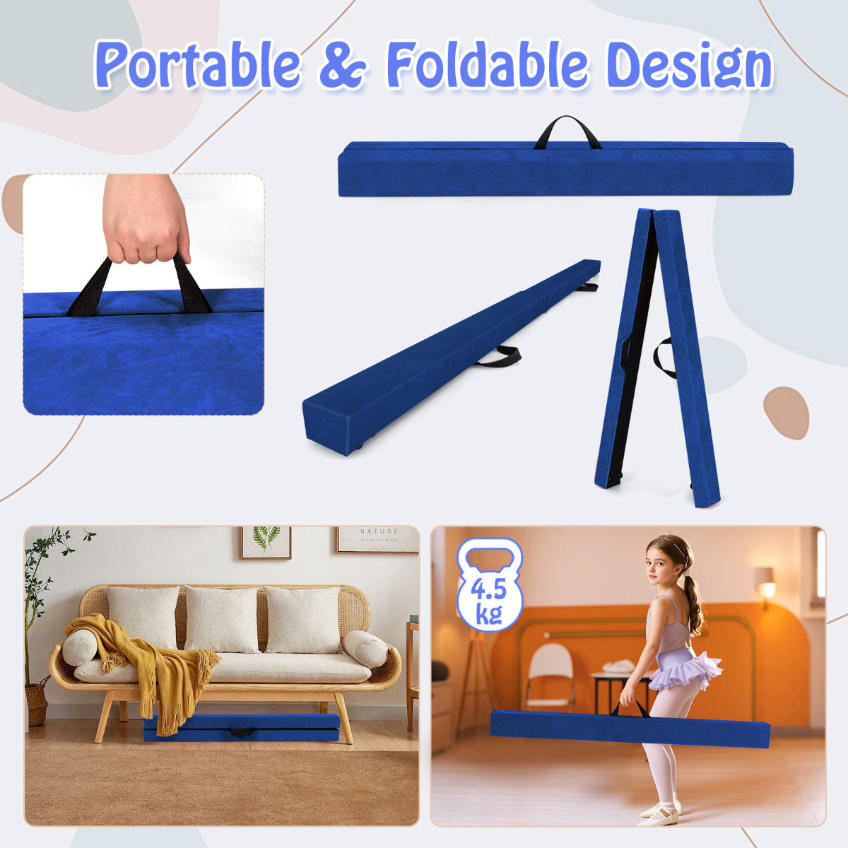8 FT Folding Balance Beam with Solid Wood Base and Anti-slip Bottom-Blue