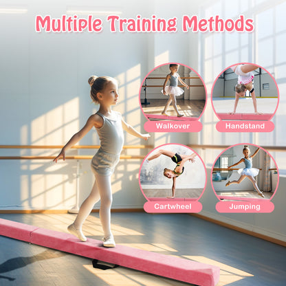8 FT Folding Balance Beam with Solid Wood Base and Anti-slip Bottom-Pink
