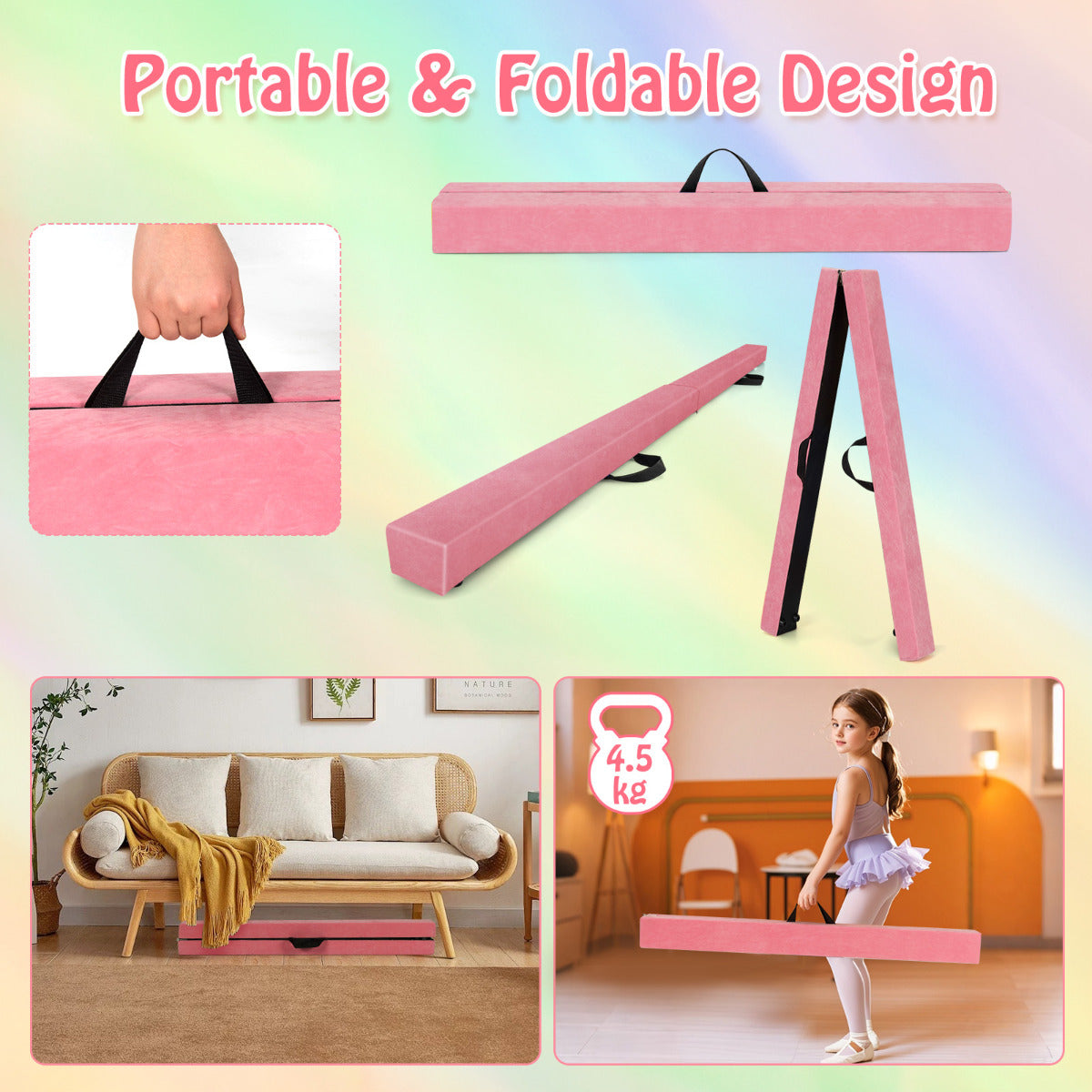 8 FT Folding Balance Beam with Solid Wood Base and Anti-slip Bottom-Pink