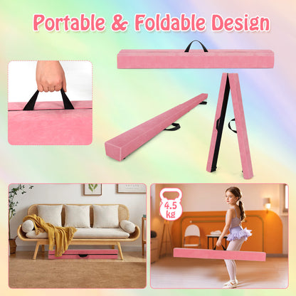 8 FT Folding Balance Beam with Solid Wood Base and Anti-slip Bottom-Pink