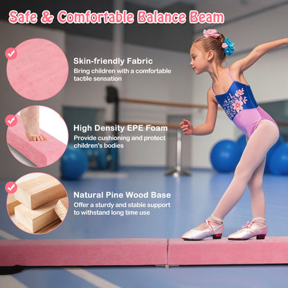 8 FT Folding Balance Beam with Solid Wood Base and Anti-slip Bottom-Pink