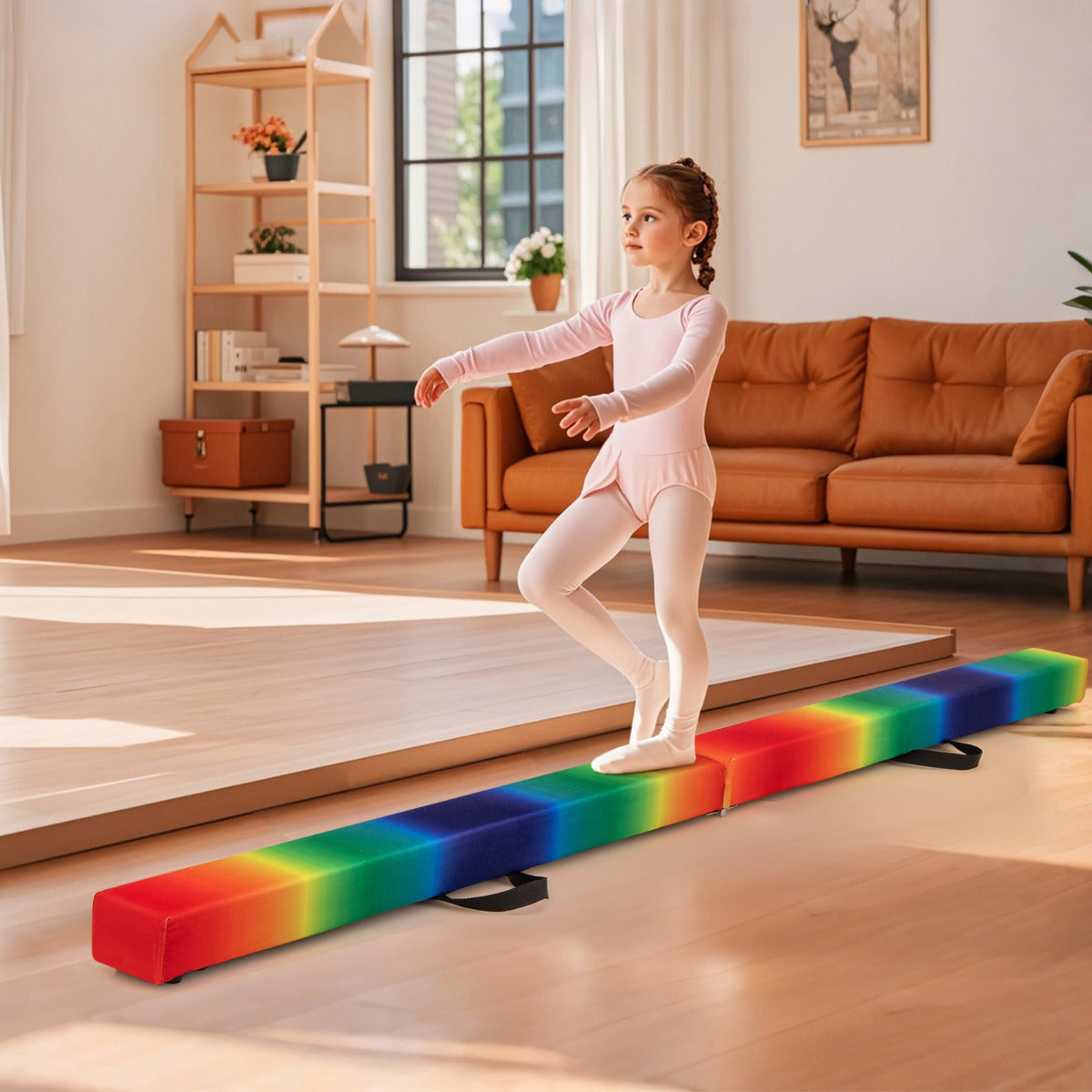 8 FT Folding Balance Beam with Solid Wood Base and Anti-slip Bottom-Rainbow