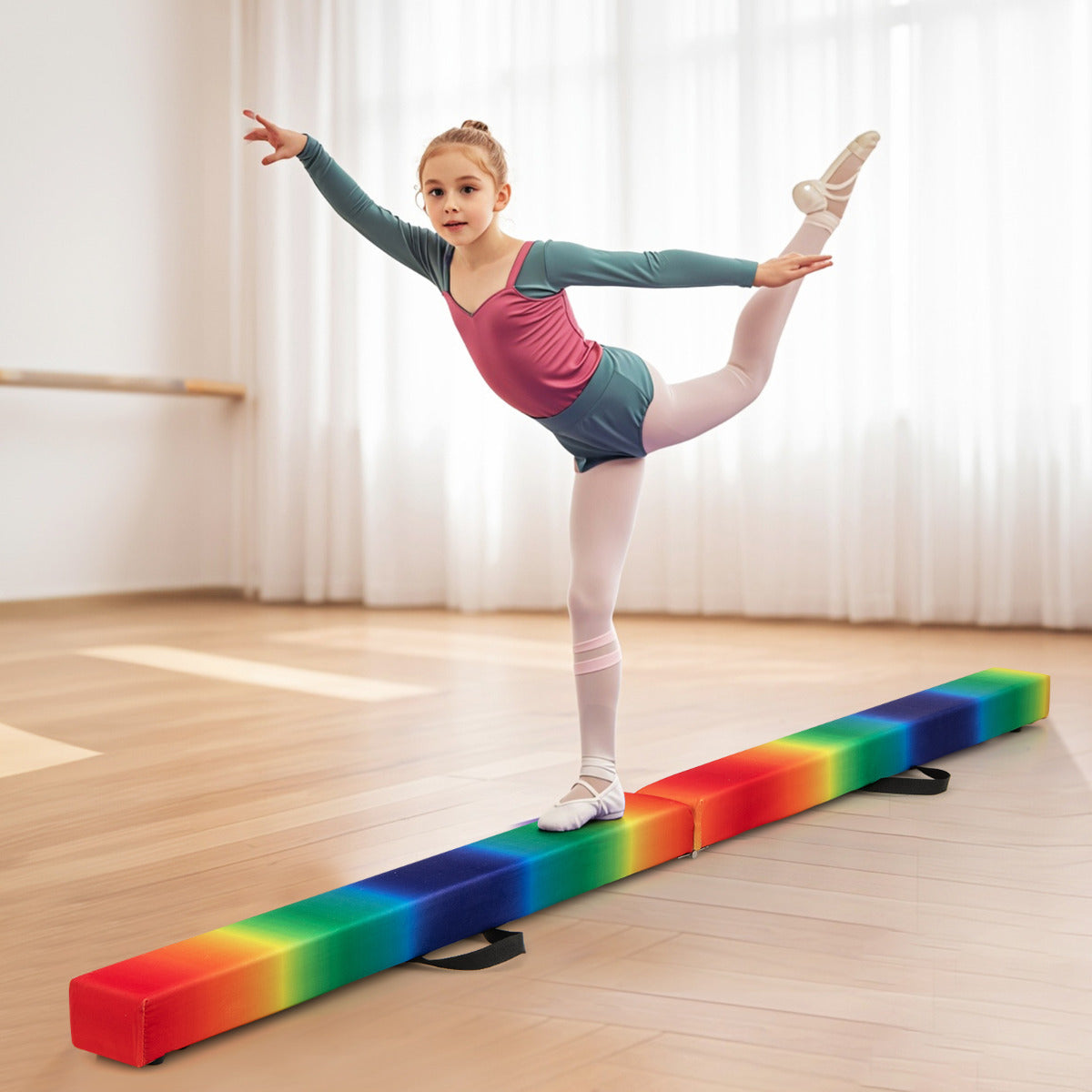 8 FT Folding Balance Beam with Solid Wood Base and Anti-slip Bottom-Rainbow