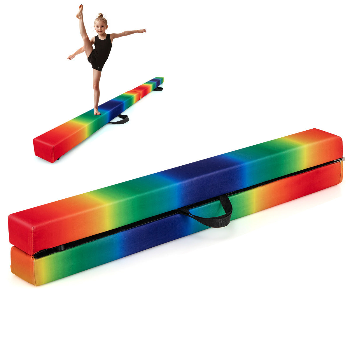 8 FT Folding Balance Beam with Solid Wood Base and Anti-slip Bottom-Rainbow