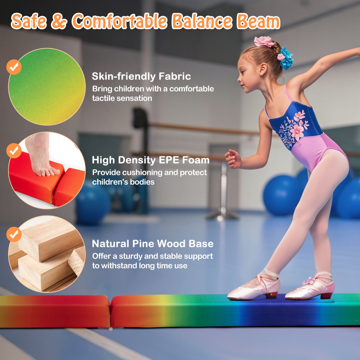 8 FT Folding Balance Beam with Solid Wood Base and Anti-slip Bottom-Rainbow