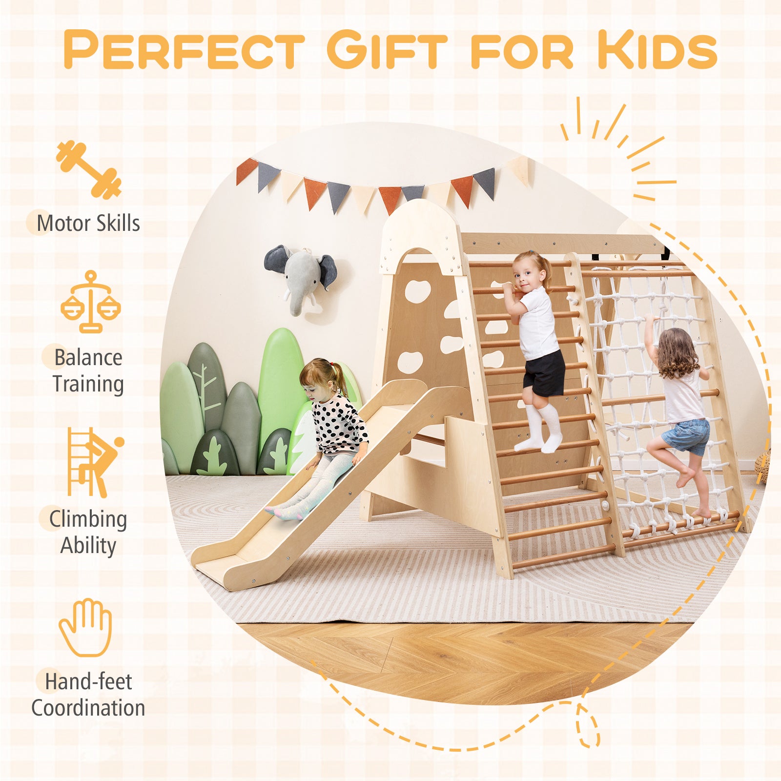 8-in-1 Indoor Jungle Gym Wooden Playground Montessori Climbing Playset-Natural