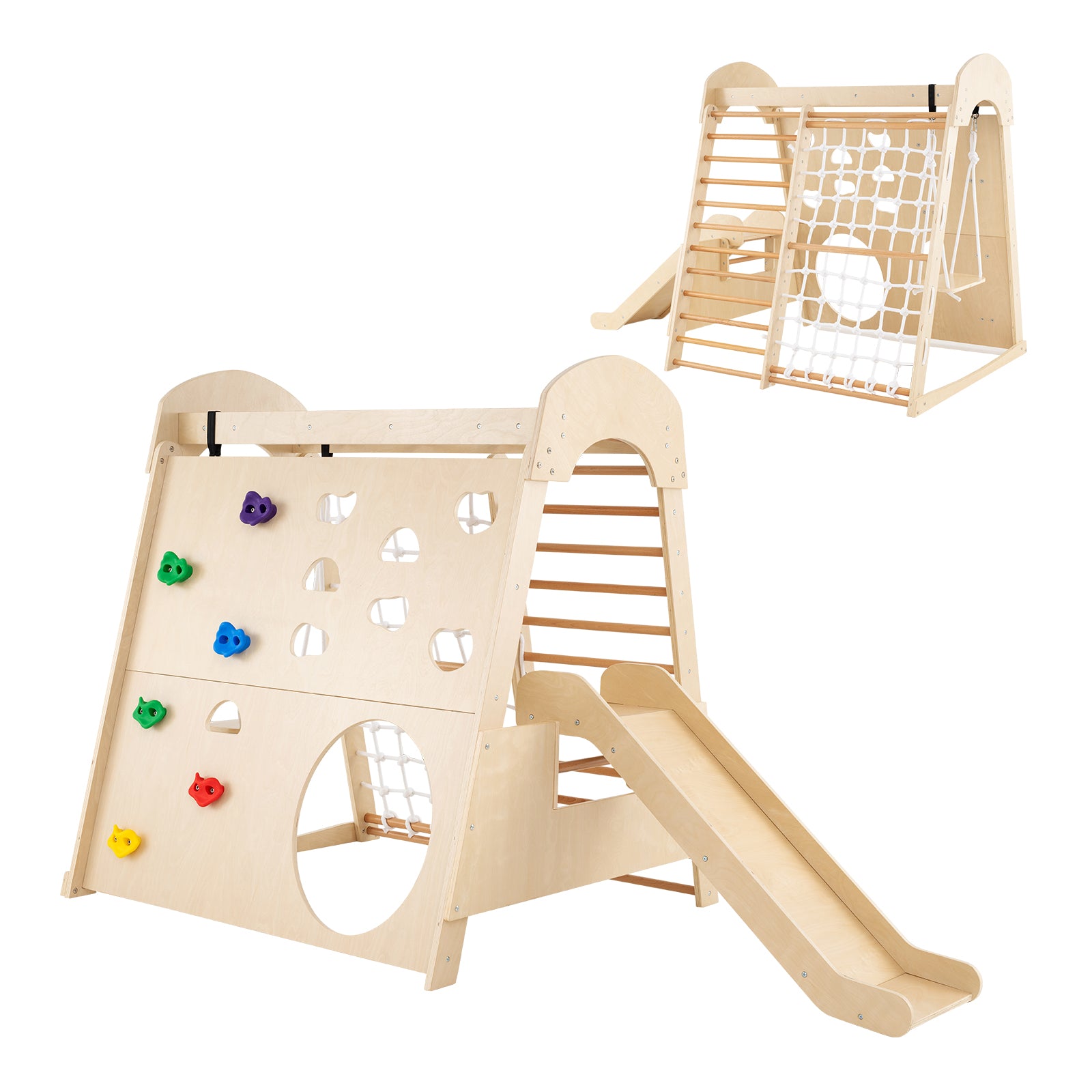 8-in-1 Indoor Jungle Gym Wooden Playground Montessori Climbing Playset-Natural