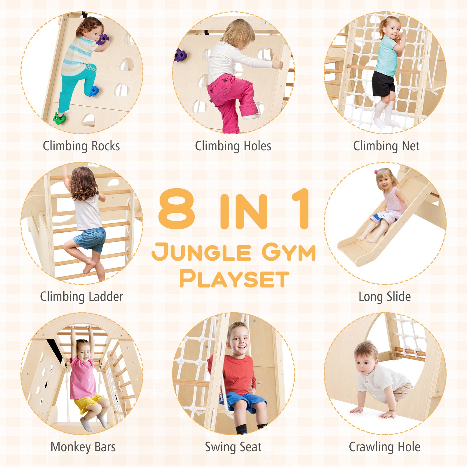 8-in-1 Indoor Jungle Gym Wooden Playground Montessori Climbing Playset-Natural