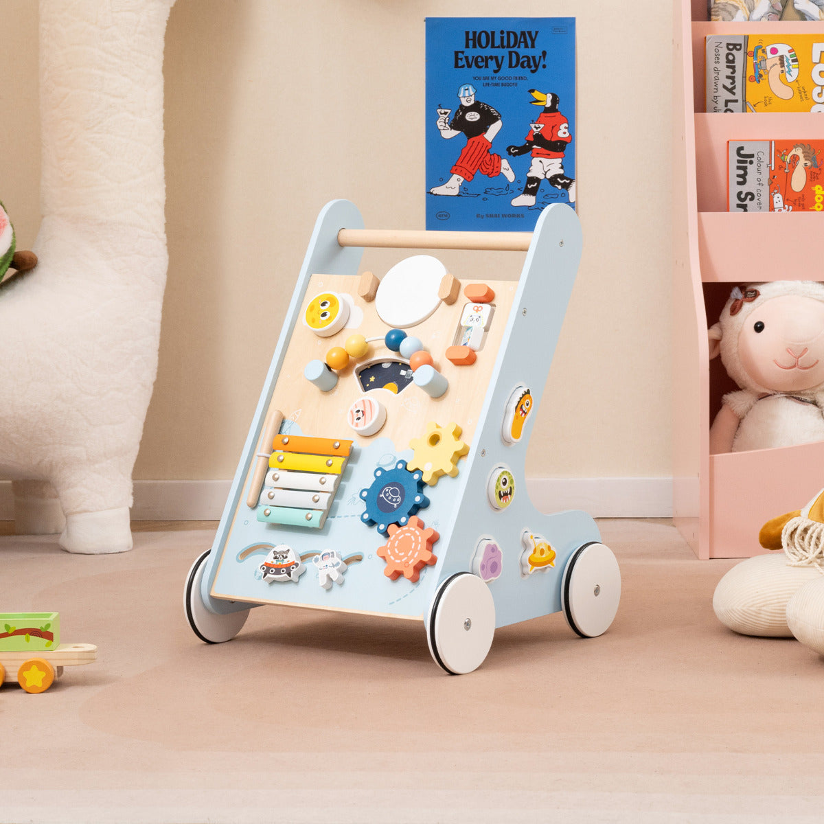 8-in-1 Wooden Baby Walker with Wheels for Toddlers-Blue