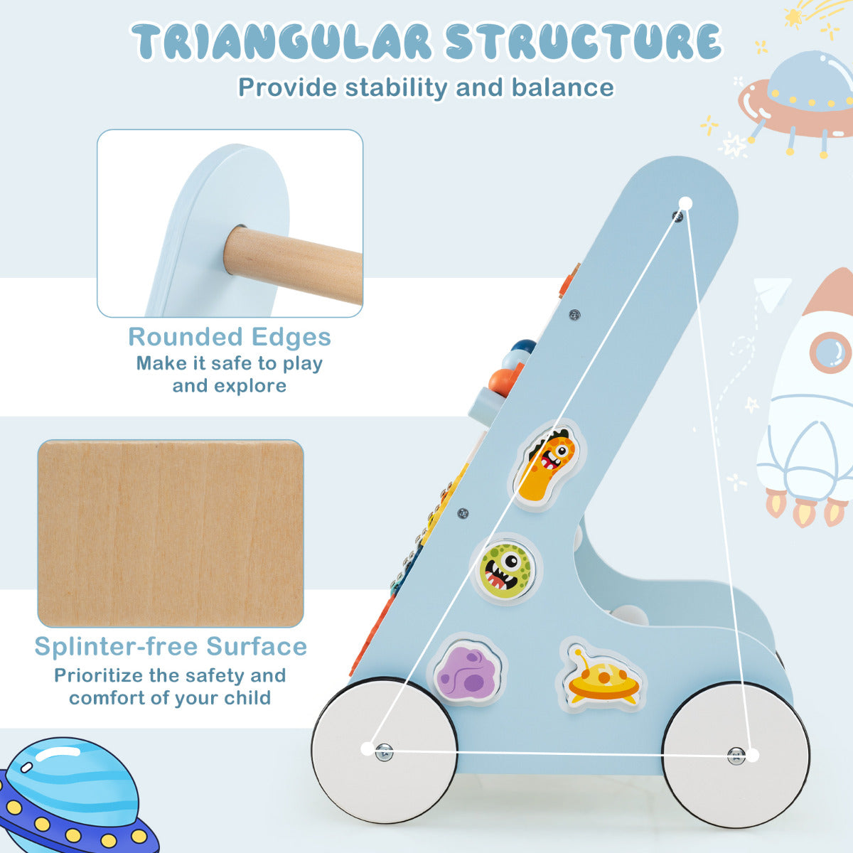 8-in-1 Wooden Baby Walker with Wheels for Toddlers-Blue
