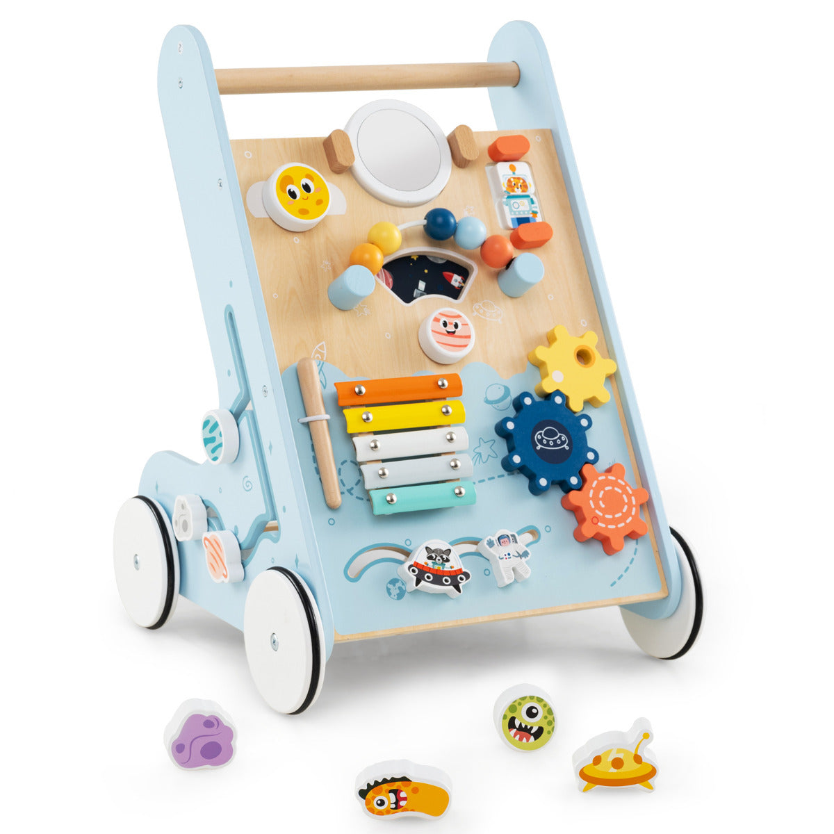 8-in-1 Wooden Baby Walker with Wheels for Toddlers-Blue