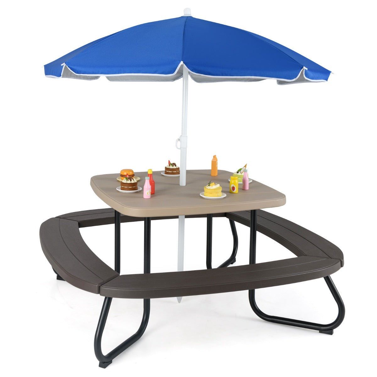 8 Person Kids Picnic Table with Adjustable & Collapsible Umbrella-Brown