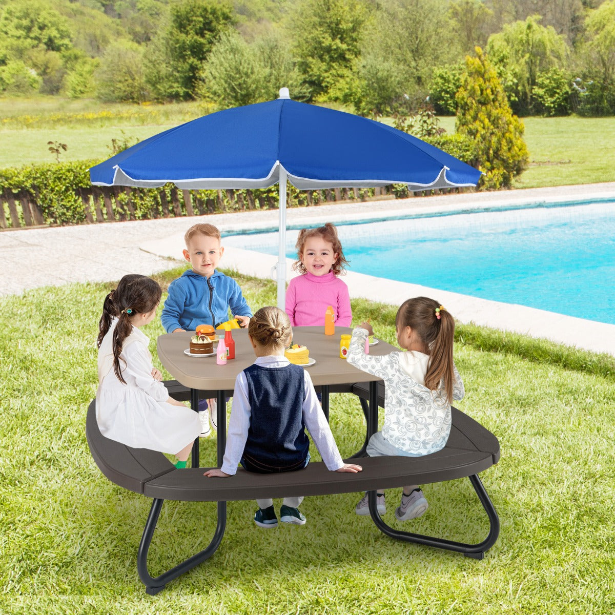 8 Person Kids Picnic Table with Adjustable & Collapsible Umbrella-Brown