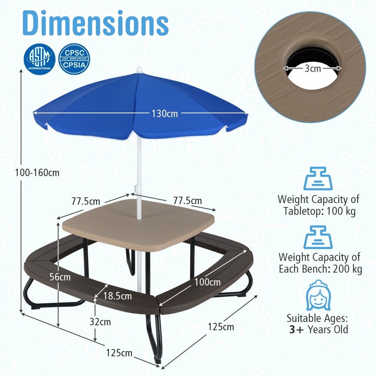 8 Person Kids Picnic Table with Adjustable & Collapsible Umbrella-Brown