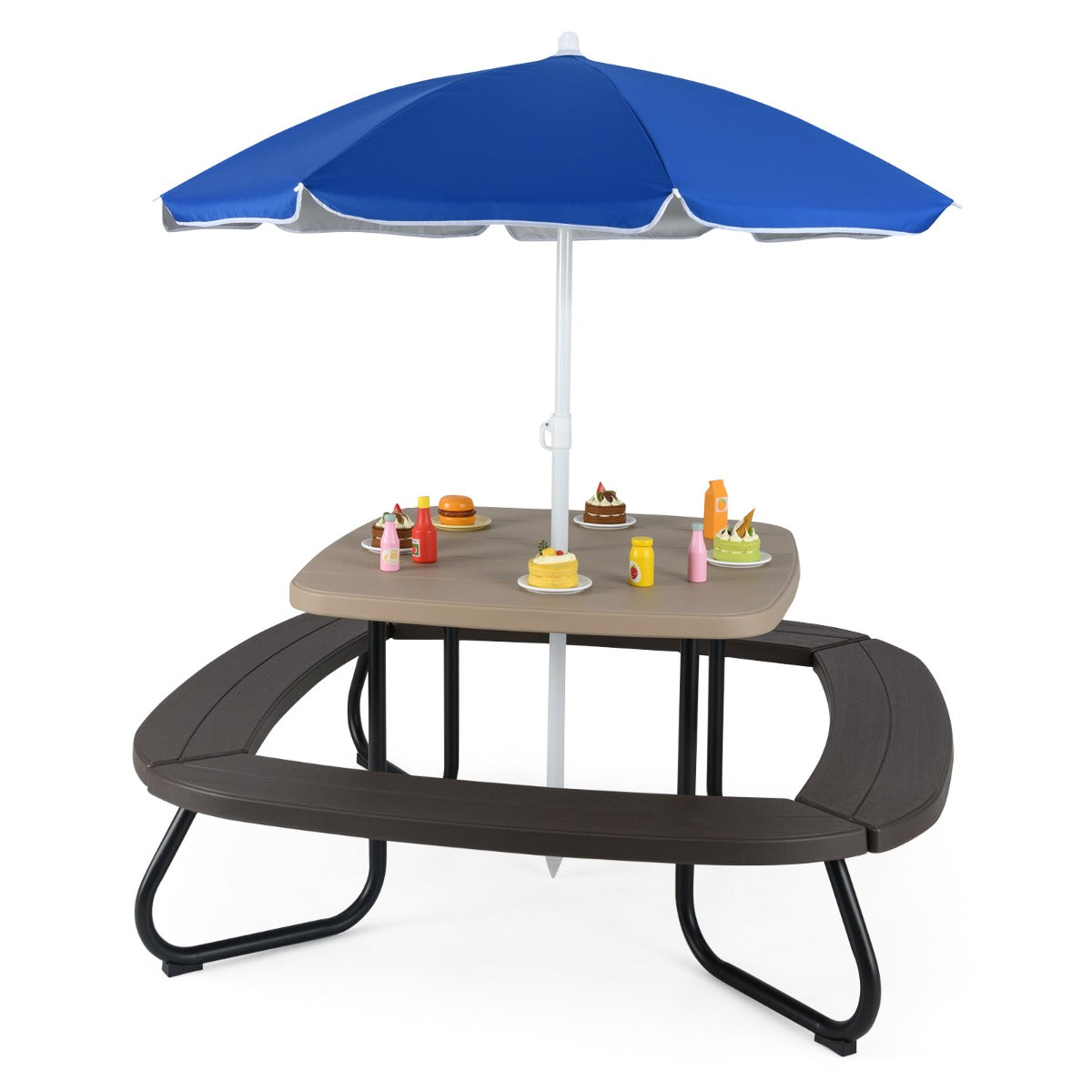 8 Person Kids Picnic Table with Adjustable & Collapsible Umbrella-Brown