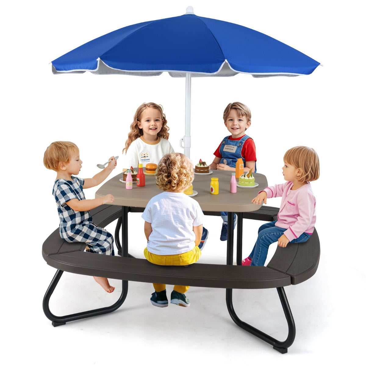 8 Person Kids Picnic Table with Adjustable & Collapsible Umbrella-Brown