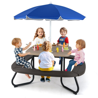 8 Person Kids Picnic Table with Adjustable & Collapsible Umbrella-Brown