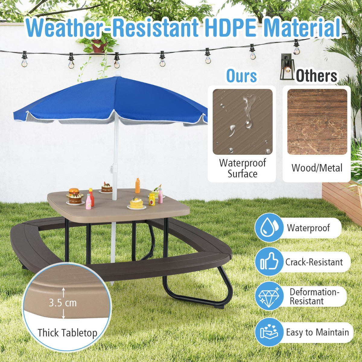 8 Person Kids Picnic Table with Adjustable & Collapsible Umbrella-Brown